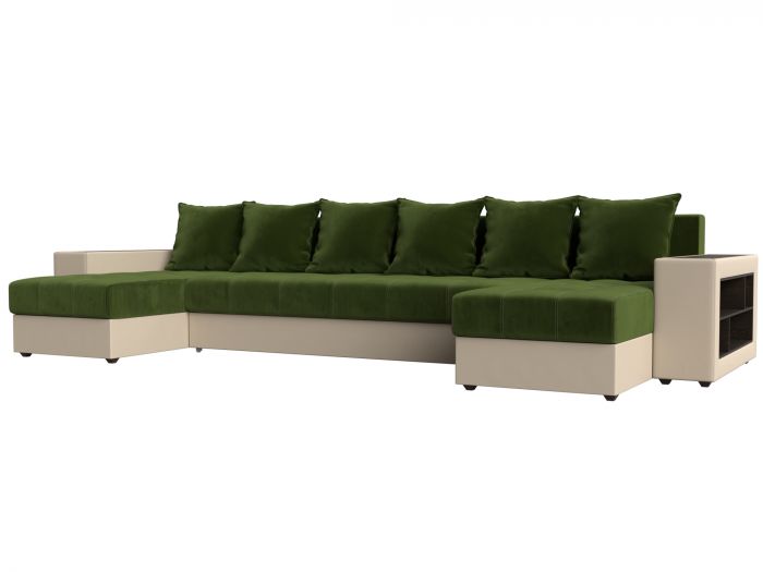 31511R П-образный диван Дубай полки справа | Микровельвет | Экокожа | Зеленый | Бежевый