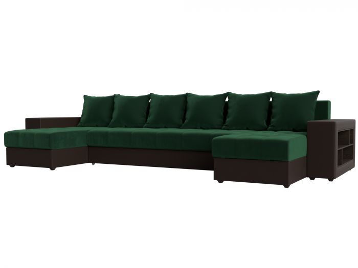 110617R П-образный диван Дубай полки справа | Велюр | Экокожа | зеленый | коричневый