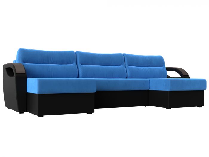 111718 П-образный диван Форсайт | Велюр | Экокожа | голубой | черный