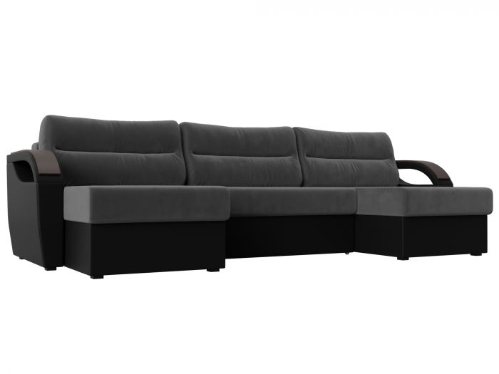 111715 П-образный диван Форсайт | Велюр | Экокожа | Серый | черный
