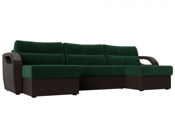 111713 П-образный диван Форсайт | Велюр | Экокожа | зеленый | коричневый