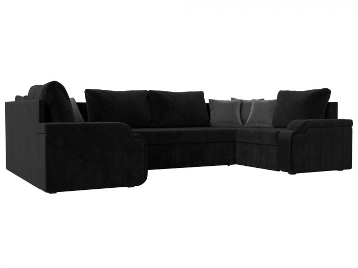 117006 П-образный диван Николь | Велюр | Экокожа | Черный | Черный | Серый