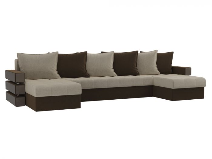 100043 П-образный диван Венеция | Микровельвет | бежевый | коричневый