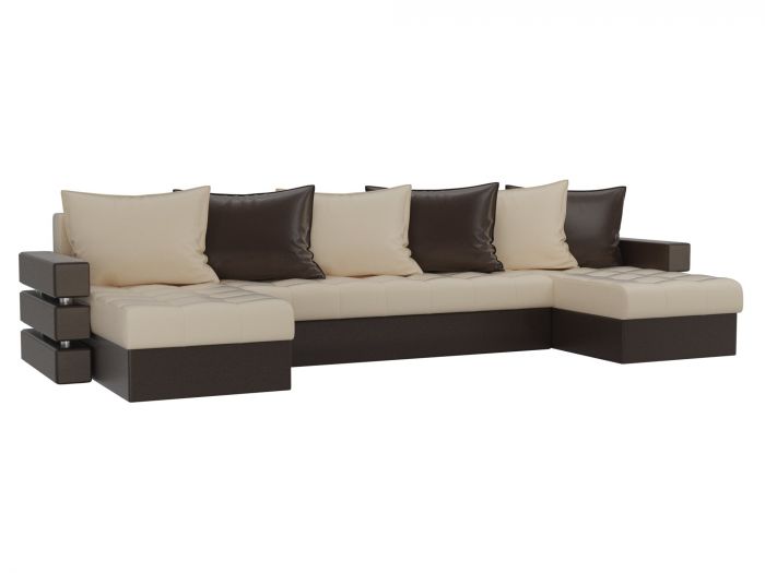 100053 П-образный диван Венеция | Экокожа | бежевый | коричневый