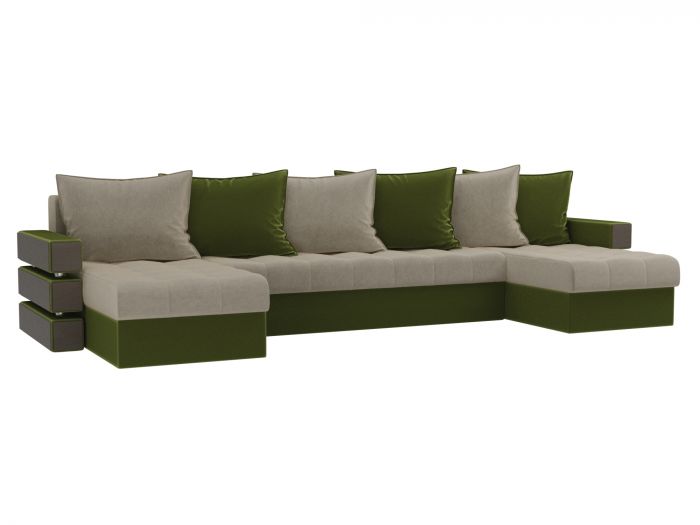 100042 П-образный диван Венеция | Микровельвет | бежевый | зеленый