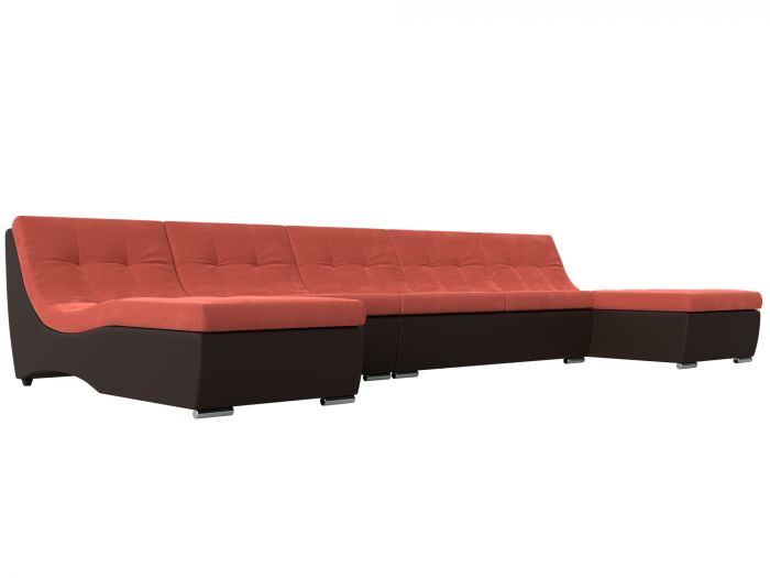 111536 П-образный модульный диван Монреаль Long | Микровельвет | Экокожа | Коралловый | Коричневый