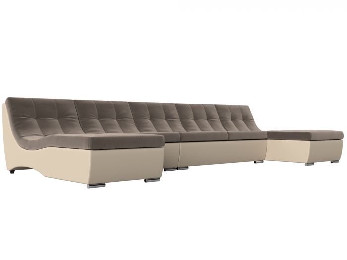111523 П-образный модульный диван Монреаль Long | Велюр | Экокожа | Коричневый | Бежевый