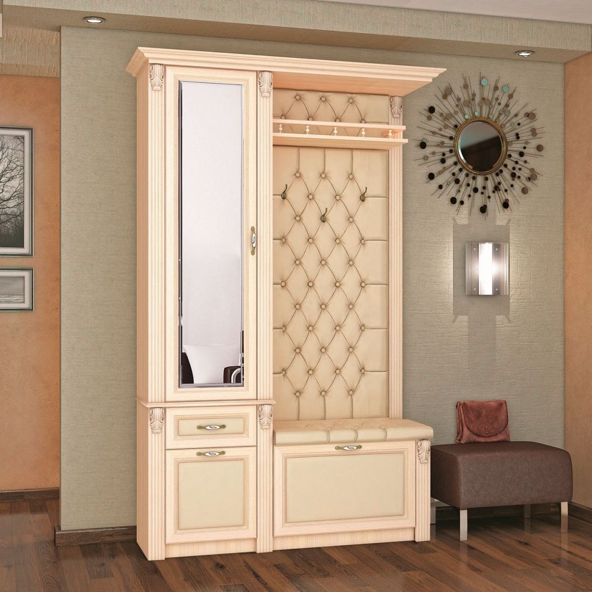 Прихожая Прага (1410x2190x460) снята с производства дуб молочный-кожа крем