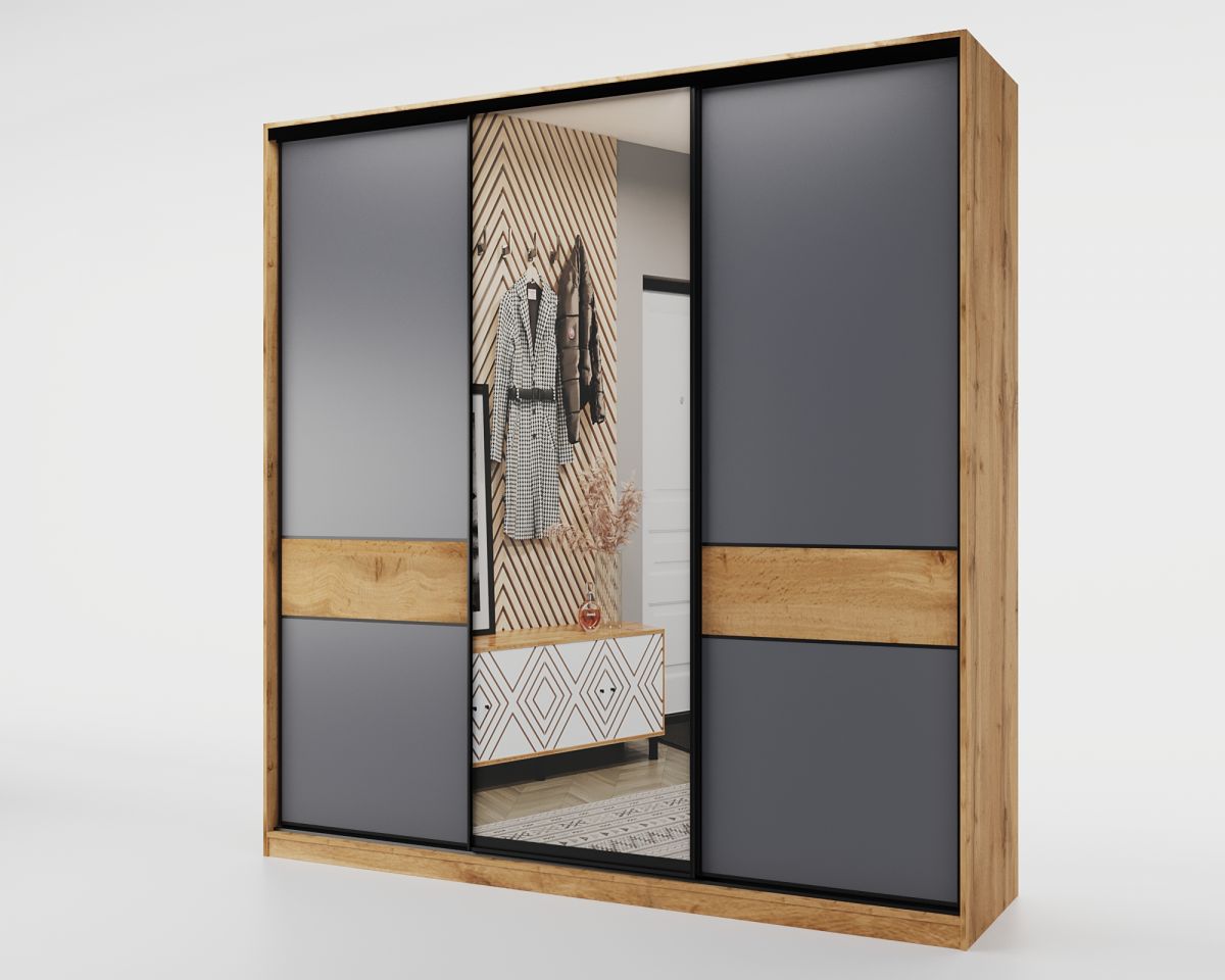 Шкаф-купе SLIM,184*60, Дуб вотан, Серый с зеркалом