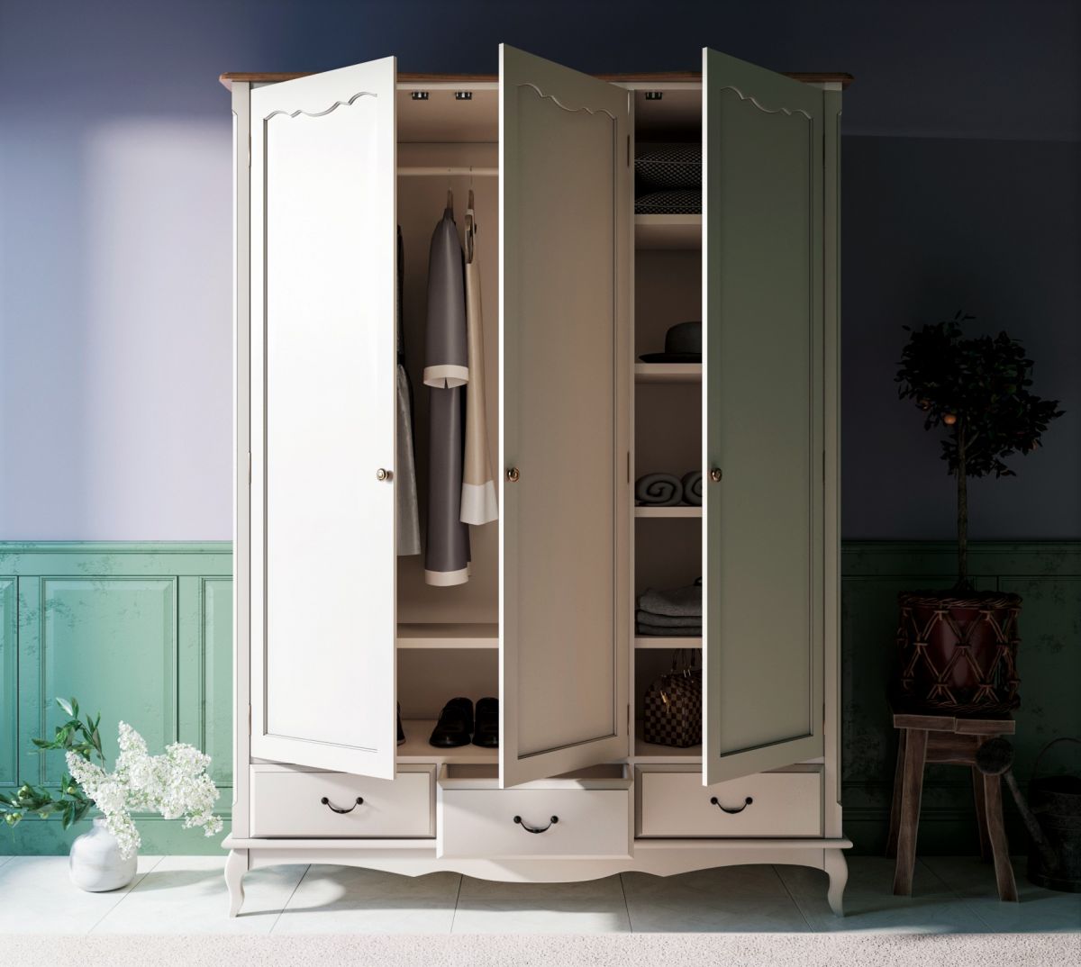 Шкаф Leontina для одежды трехстворчатый с ящиками