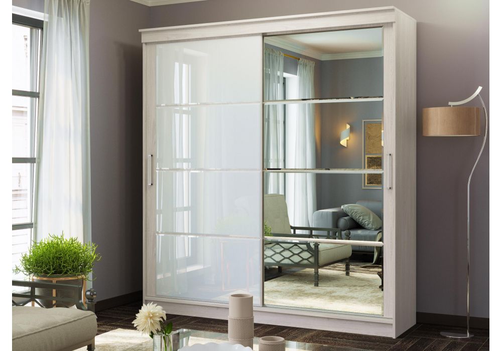 Шкаф Москана-2 1,5 м анкор светлый - зеркало - лакобель белый