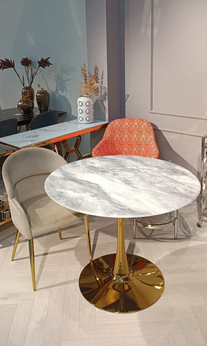Стол обеденный круглый Остин BS212-100LG | 100х76 см | светло-серый мрамор |золото
