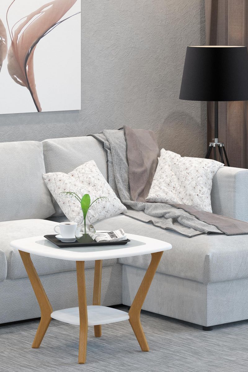 Стол журнальный Мельбурн со стеклом белый-дуб светлый