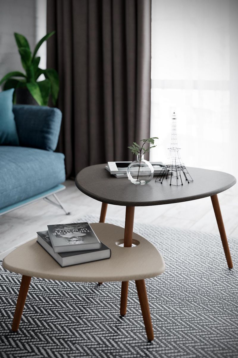 Стол журнальный Стилгрей серый лен-бежевый лен-дуб светлый