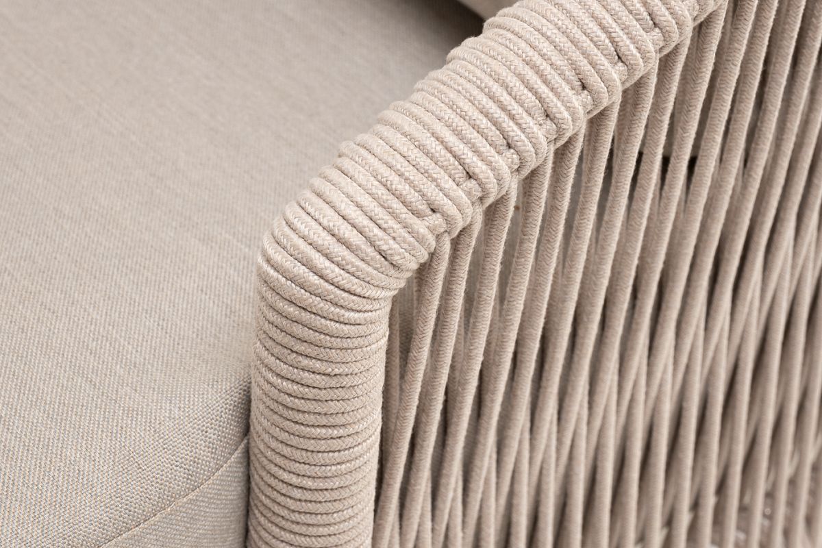 "Верона" диван 3-местный плетеный из роупа, каркас алюминий белый муар, роуп бежевый круглый, ткань