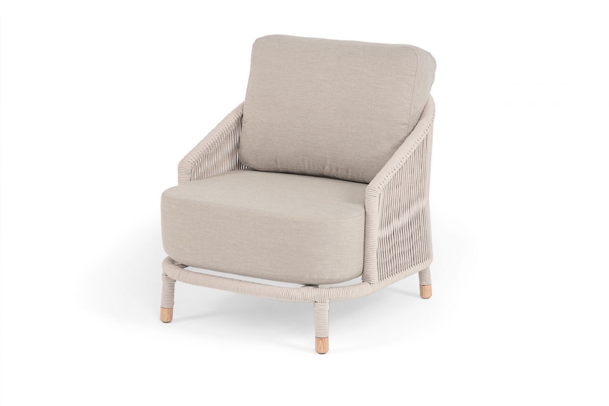 "Верона" кресло плетеное из роупа, каркас алюминий белый муар, роуп бежевый круглый, ткань бежевая 1